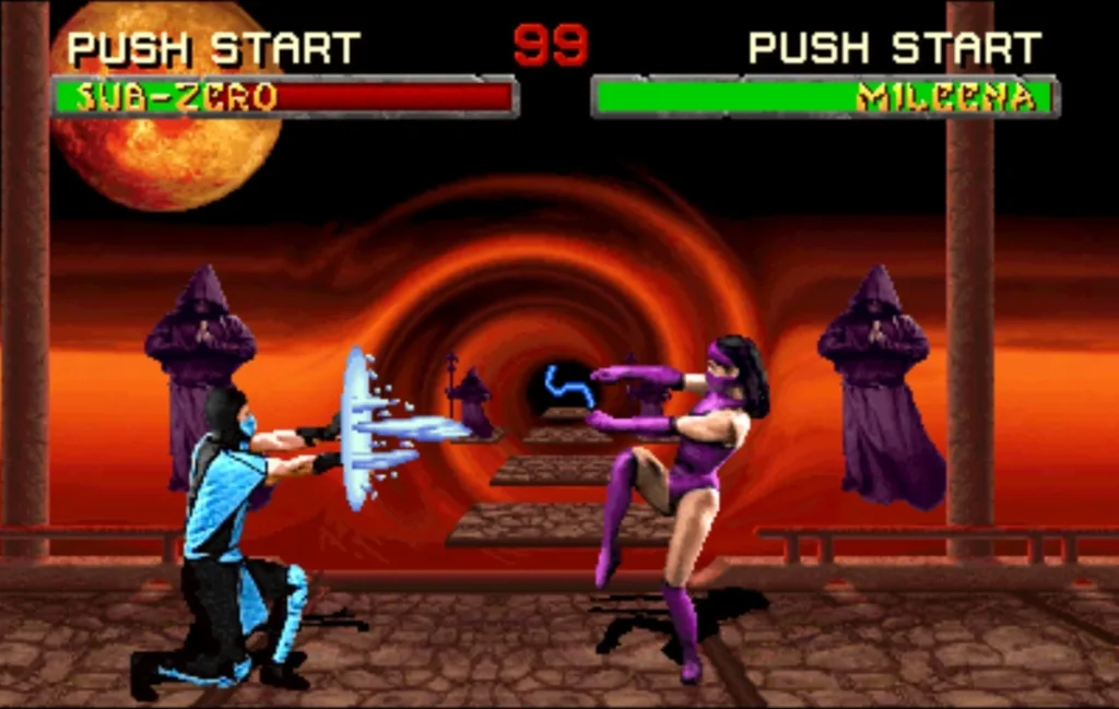 Sub-zero lutando com Mileena no Mortal Kombat II